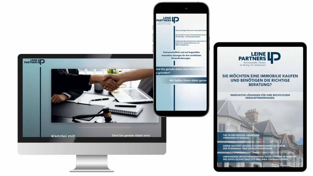 Mockup von einer Landing Page von der Firma Leine Partners abgebildet auf jeweils der PC-, Tablet und Iphoneansicht