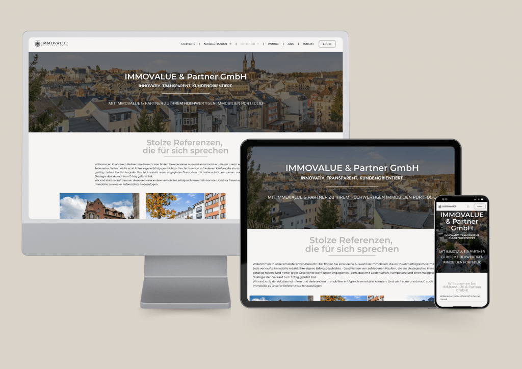 Mockup von einer Webseite von der Firma Immovalue & Partner GmbH abgebildet auf jeweils der PC-, Tablet und Iphoneansicht